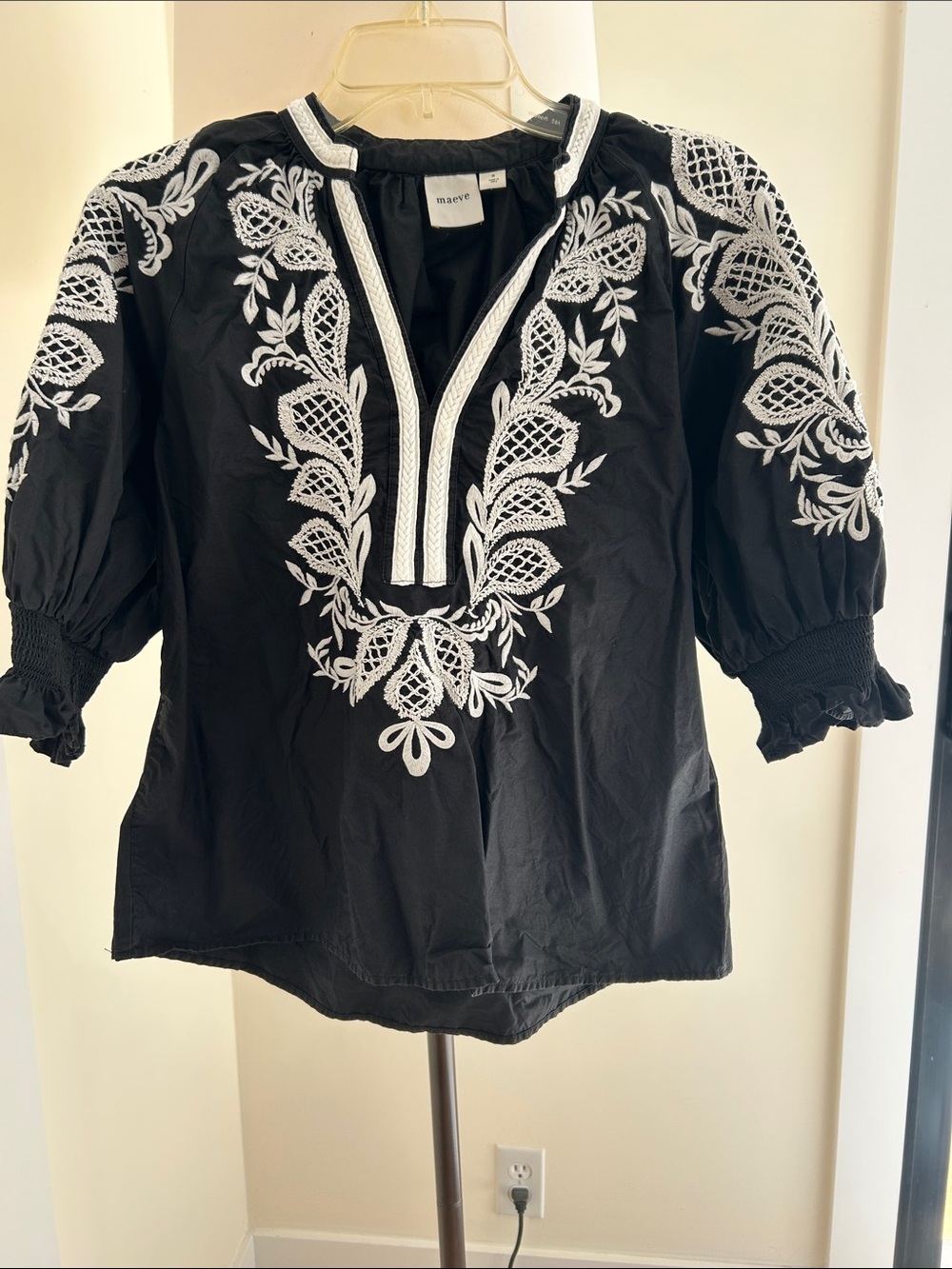 Anthropologie Black Blouse with White Floral Embroidery